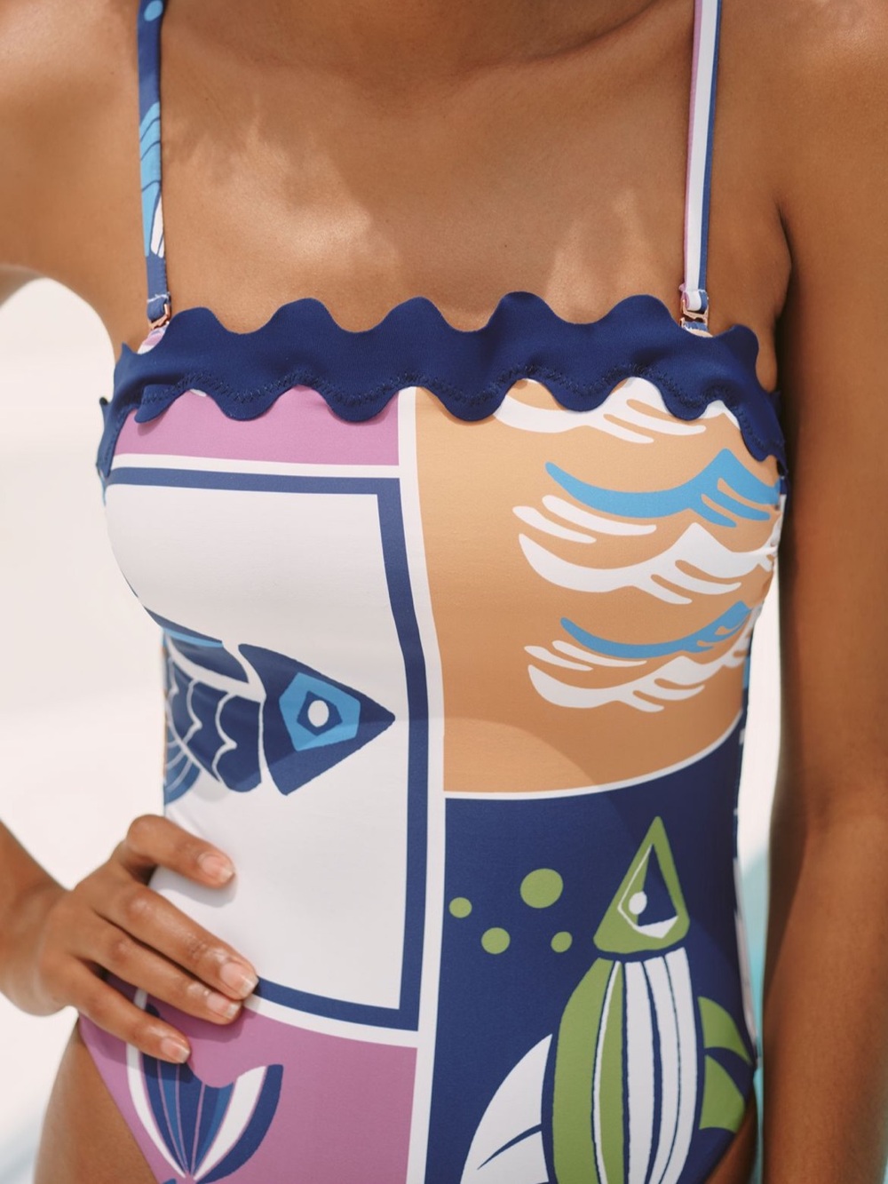 Anthropologie Celadine Fish One-Piece Swimsuit in Navy, Pink, White, Tan - Picture 2 of 4